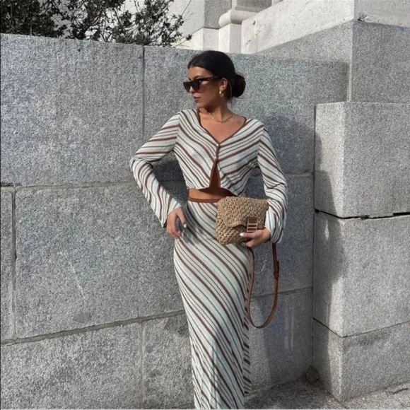 Zara Stripe Knit Top & Skirt Co Ord Set Size Large Green/ Brown Skirt Sets